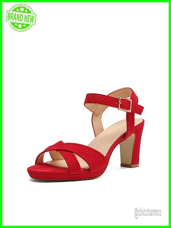 Shoes - Women's Chunky Heel Platform Sandals Faux Suede Ankle Strap Open Toe Dress